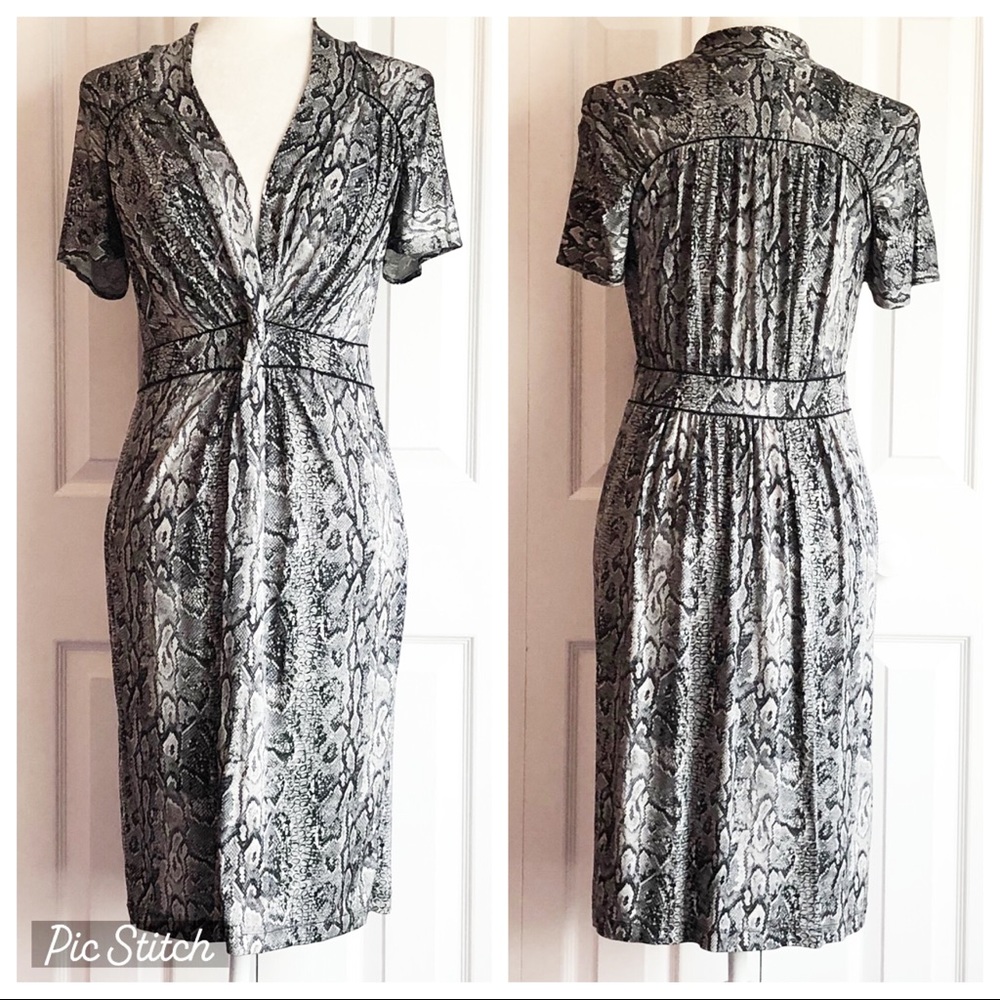 BCBGMaxAzria Gray Reptile Snakeskin Print Twist Front Sheath Dress Small